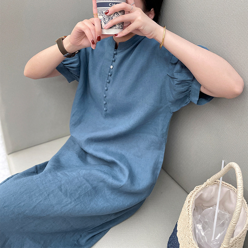 Sumachi New Chinese Style Linen Dress Women's Three-Quarter Sleeve National Style Jade Button Slimming Noble Skirt