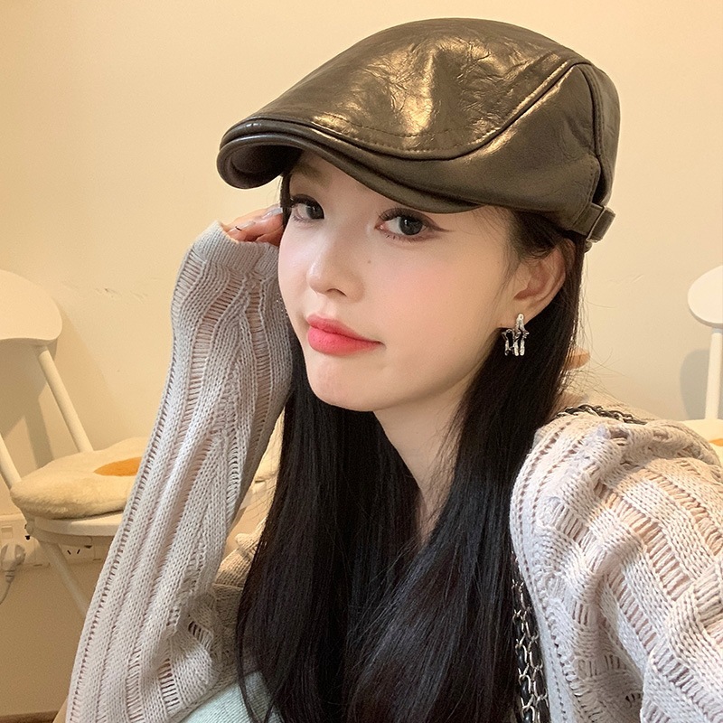 美式复古PU皮质前进帽女春秋季百搭辣妹鸭舌帽英伦风画家贝雷帽子|undefined