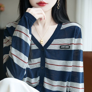 复古撞色V领慵懒风条纹长袖开衫女韩系显瘦初秋新款宽松外搭上衣