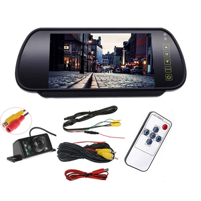7 infrared light wireless reversing – Car display - 7inch-rearview-mirror-short-license-plate-camera-wired-version