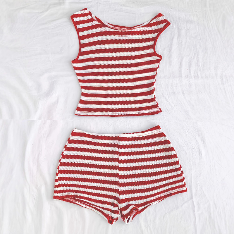 2025 New Summer Women's Clothing European and American Amazon Export Resort Style Stripesd Vest Hip-Covering Short Suit