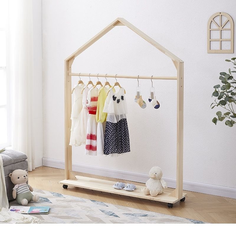 Solid wood storage small house floor-standing clothes rack for bedroom children's floor-standing infant clothes rack hanging rod clothes stand
