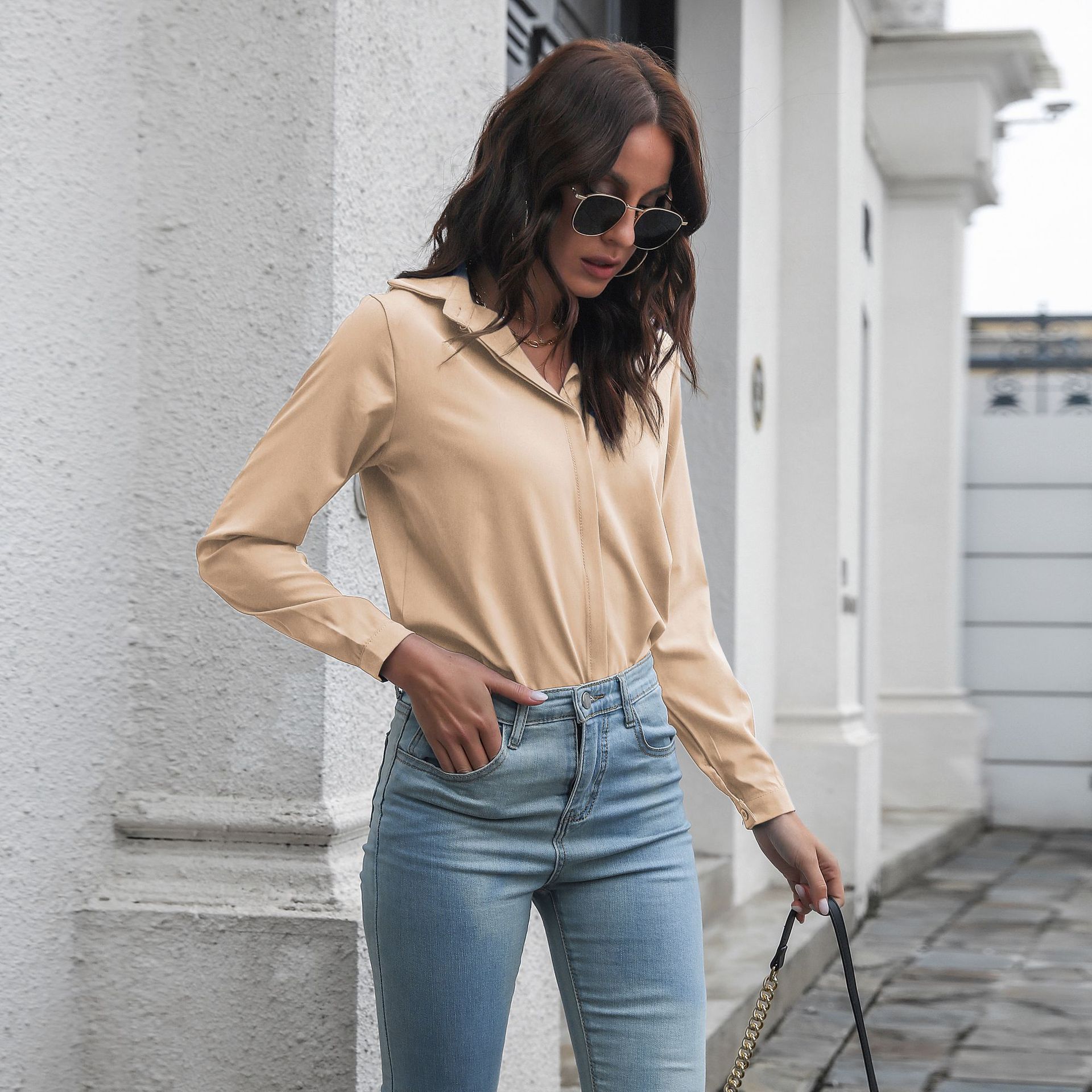 Solid Color Long-Sleeved V Neck Chiffon Basic Blouse NSGBS93024