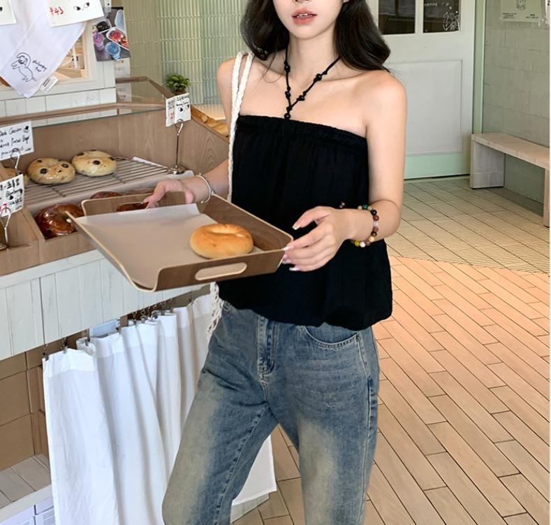 Áo croptop nữ đính cườm cổ yếm, thiết kế dáng nụ hoa ngắn, phong cách Hàn Quốc — màu đen chi tiết 14