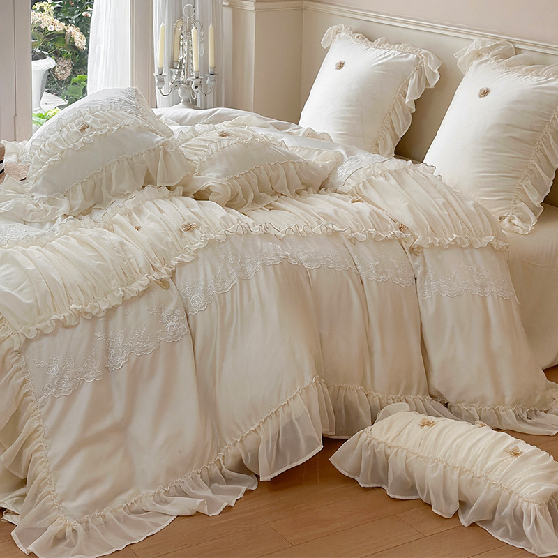 Conjunto de quatro peças Summer Cool Ice Silk, estilo princesa francesa, com acabamento em renda, incluindo capa de edredom, lençol e tecido sedoso para cama de menina._voghion.com