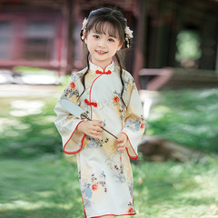 Children's cheongsam performance spring and autumn girls Chinese style retro suede Tang suit dress for girls ethnic style Hanfu