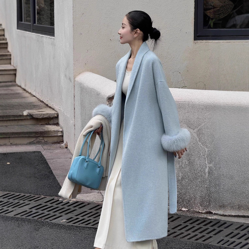 Real Fox Fur Sleeves Oversized Bathrobe Style Double-Sided Wool Coat Long Lady Style Thickeneded Sheep Wool Coat Real Fox Fur Sleeves Oversized Bathrobe Style Double-Sided Wool Coat Long Lady Style Thickeneded Sheep Wool Coat