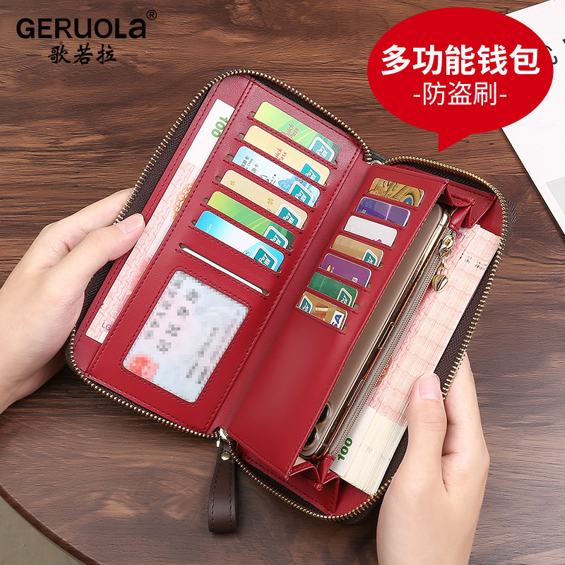 Cartera de fábrica de artículos de cuero Ge Ruola, cremallera para mujer, posición larga de gran capacidad para múltiples tarjetas, billetera para teléfono móvil, estilo europeo y americano