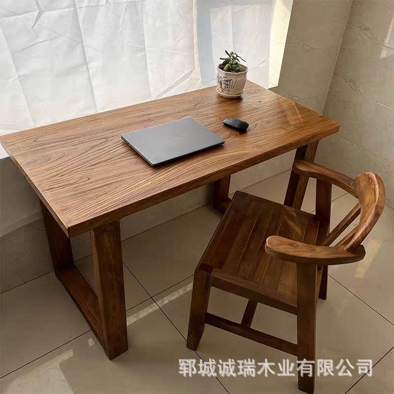 Old Elm Rectangular Table Solid Wood Bench Set Household Dining Table Double Bench Workbench