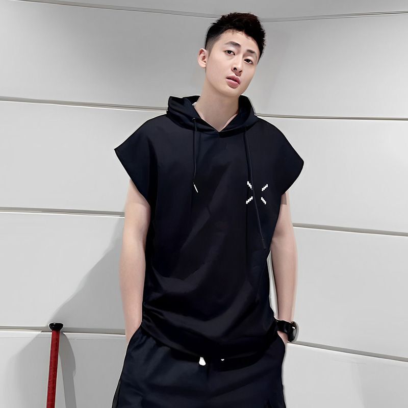 Summer Casual Waistcoat Cotton Men's Sports Hooded Sweater with Hood Fitness Exercise Sleeveless T-shirt Short Sleeve Trendy