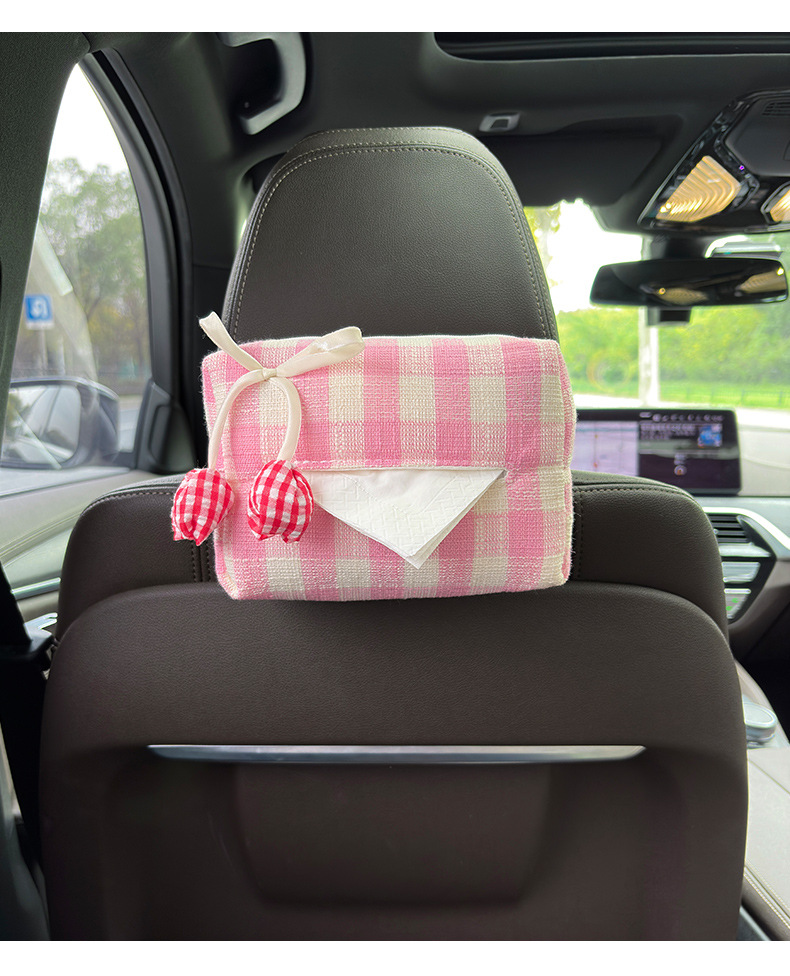 Cute Plaid Tulip Tissue Cover Car Seat Back Hanging Tissue Box Creative Car Armrest Box Tissue Box