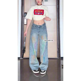 【非实拍】美式复古彩虹涂鸦擦色直筒宽松裤辣妹阔腿牛仔长裤ins