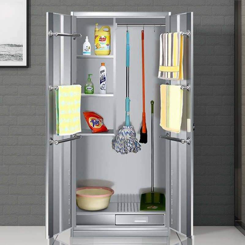 304 шкаф для чистки шкафа из нержавеющей стали, шкаф для чистки метлы, шкаф швабры, шкаф для уборки инструментов, шкаф для хранения двойной двери