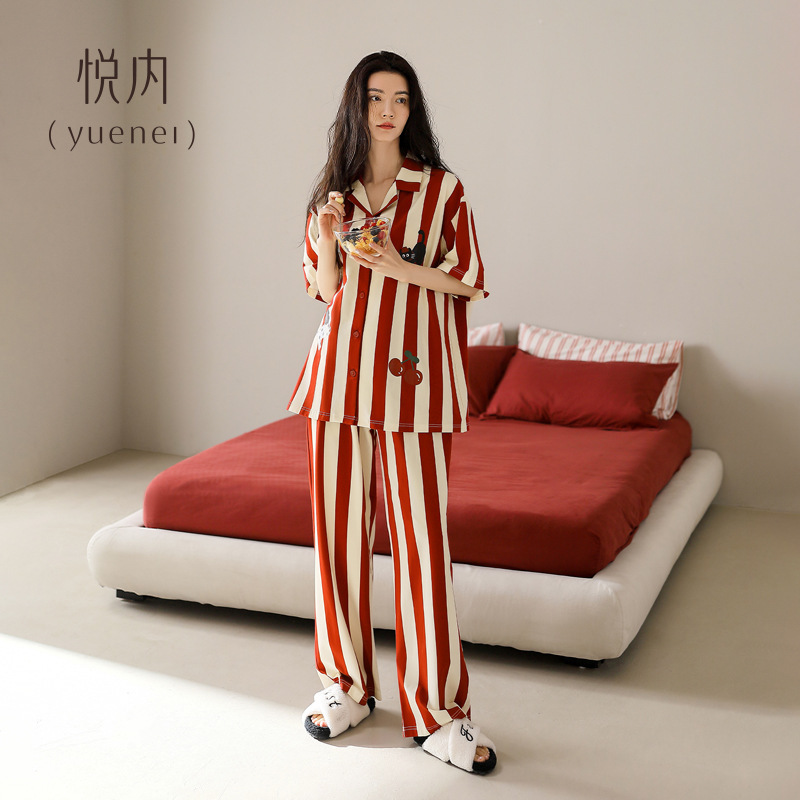 悦内带胸垫睡衣女款夏季夏天纯棉短袖长裤家居服时尚大红色本命年|undefined