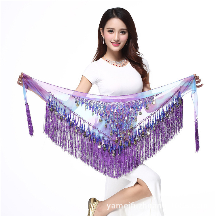 Cadena de cintura para danza del vientre, pañuelo de cadera con borlas de lentejuelas, pañuelo triangular de color degradado, pañuelo de cintura para actuación, nuevo cinturón de danza oriental