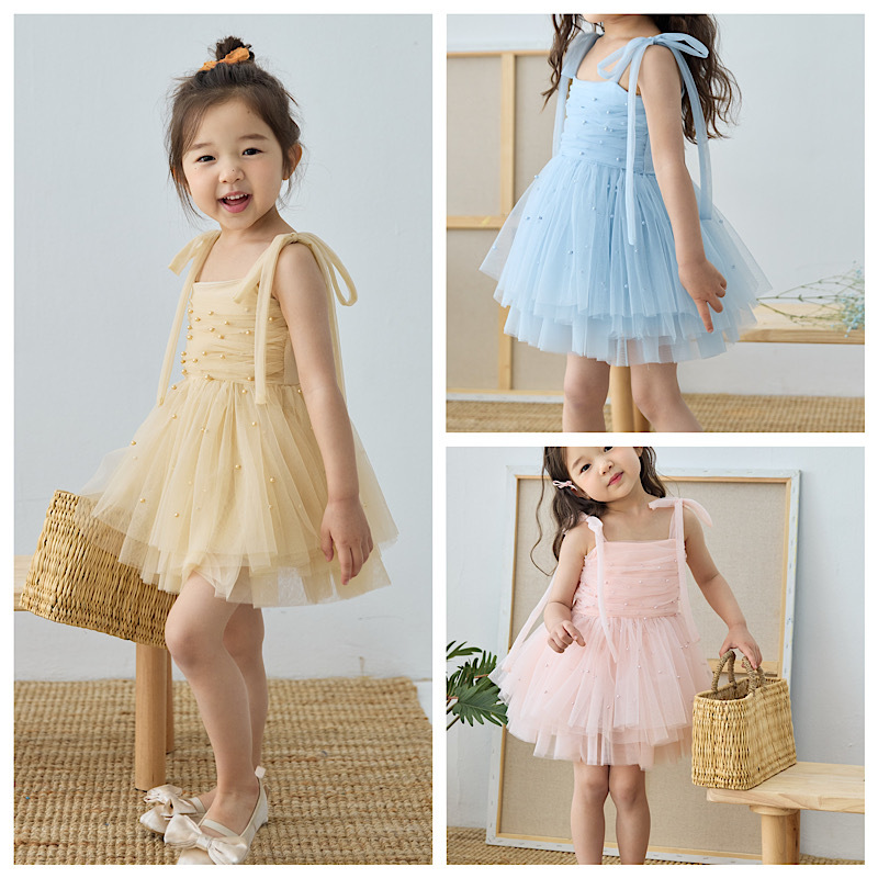 25 Girls Summer New Sling dress Elegant Sling Tutu Skirt Heavy Industry Pearl Gauze Skirt Women's Treasure Dress