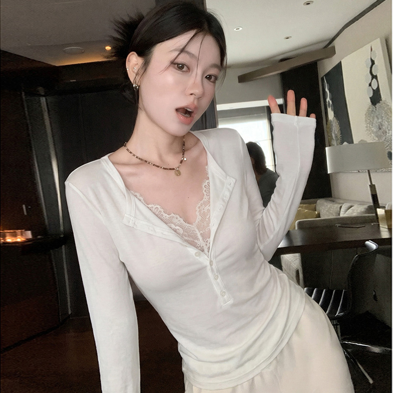 Lace button design, Lyocell Tencel high-stretch slim-fit base layer top, women's new autumn long-sleeve T-shirt with a faux two-piece design