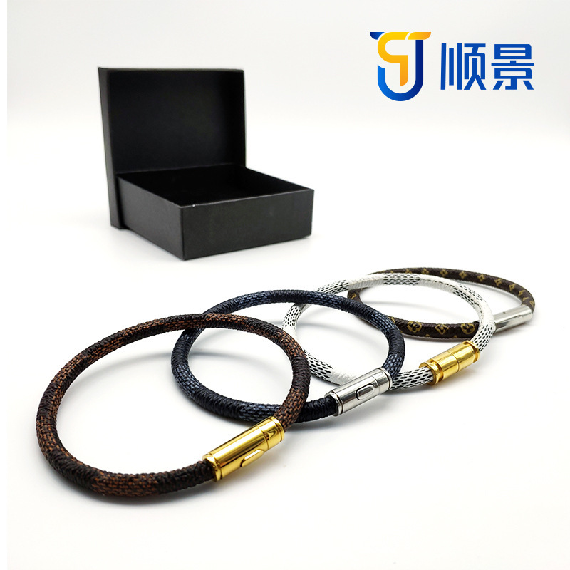 Cross-Border Vintage Leather Cord Bracelet Stainless Steel Snap Magnetic Clasp Bracelet DIY Jewelry Wholesale