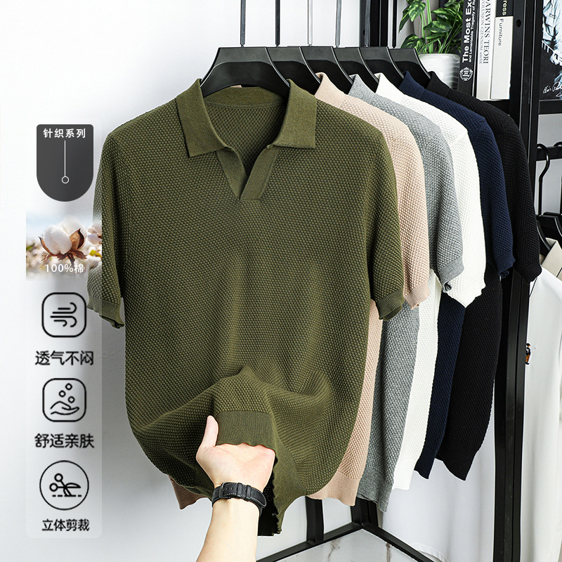 Algodón transfronterizo camiseta polo de manga corta hombre camiseta de punto de cuello en V casual base universal camiseta de hombre de manga corta T-shirt