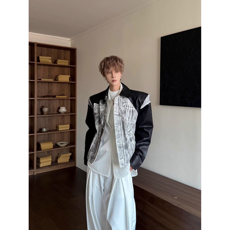 American Street Retro Patchwork Heavy-Duty Washed Hand-Painted Denim Pu Leather Shoulder Pad Jacket Short Stylish Top