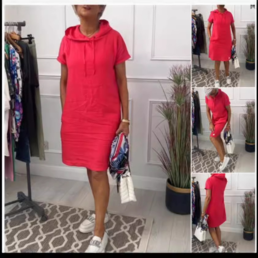 European and American style women's solid color hooded patchwork dress wholesale AliExpress (pure cotton)
