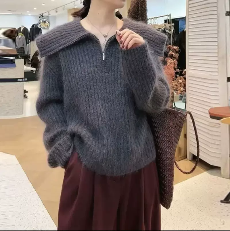 优质版加厚宽松设计感半拉链针织衫上衣慵懒风灰色羊驼绒毛衣女