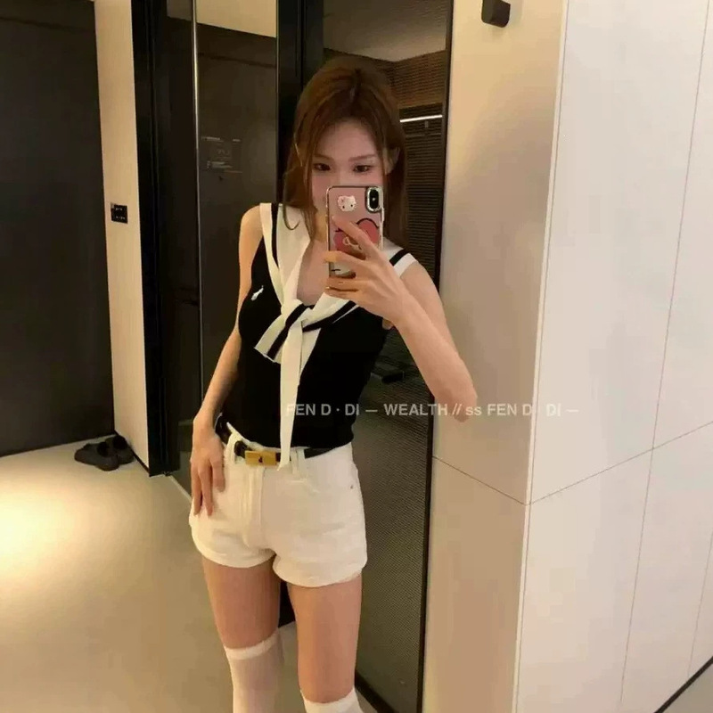 Contrast Color Navy Collar Sleeveless Knit Top College Style Vest Shawl Set High-Waisted Puffy Skirt Two-Piece Summer Set