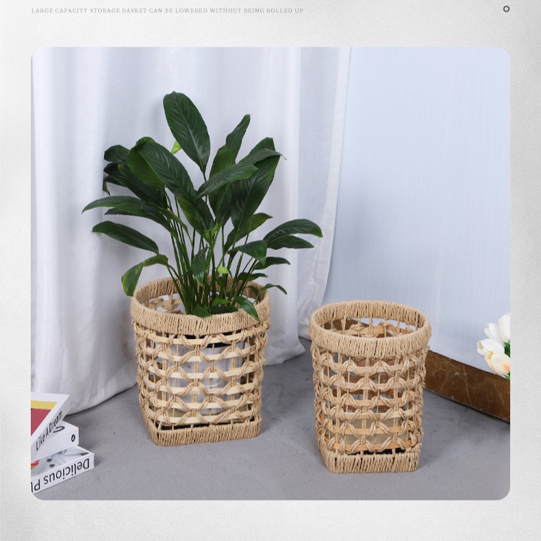 Nórdico ins viento trenzado plantas de paja decoración canasta de flores balcón sala de estar tipo piso estante de flores trenzado maceta image 6
