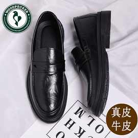 啄木鸟新款二层牛皮透气脚蹬真皮休闲英伦皮鞋2025男鞋商务正装