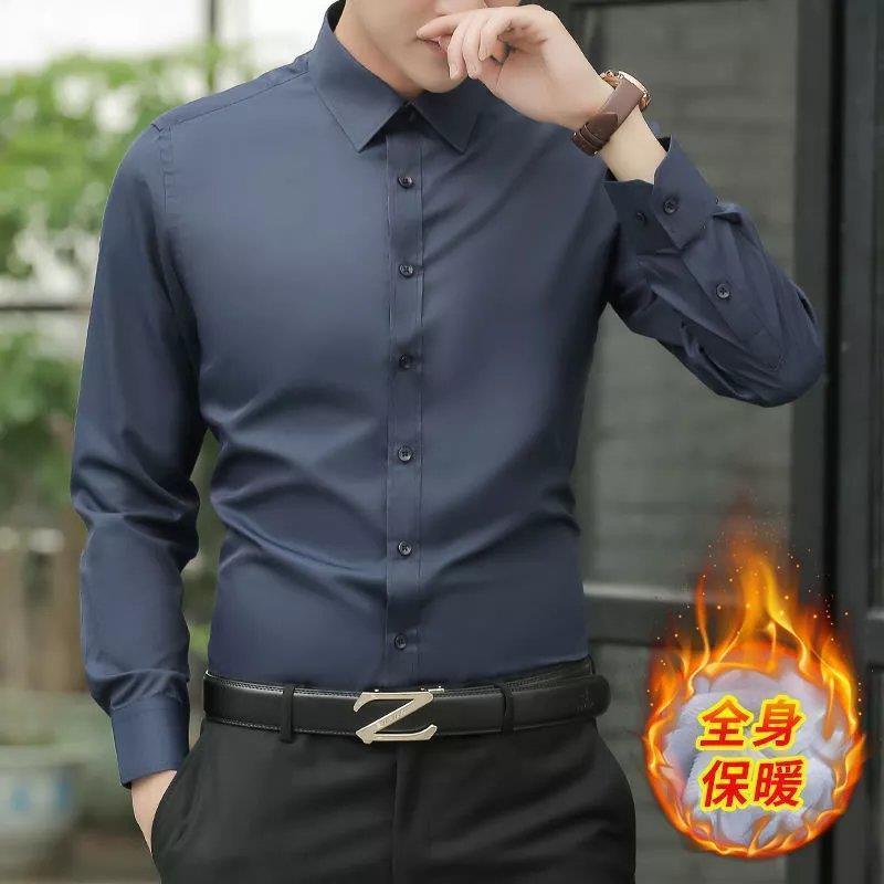 メンズベルベット厚手シャツ秋冬スリムビジネスプロフェッショナル無地作業服長袖ホワイトサーマルジャケットトレンディ|undefined