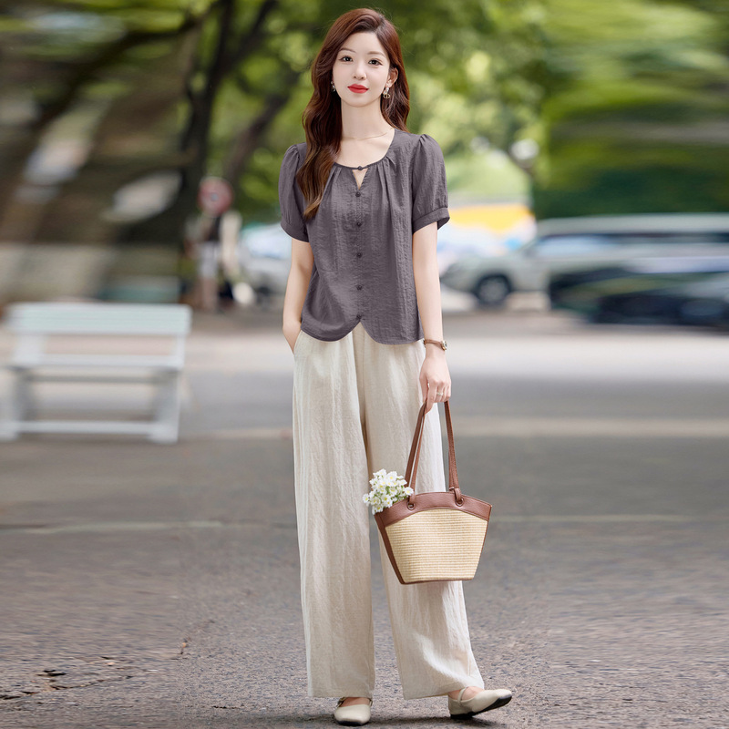 女性のためのootd衣装年齢軽減スーツの完全なセット2025夏の新しいシャツトップ気質ワイドレッグパンツ2点セット|undefined