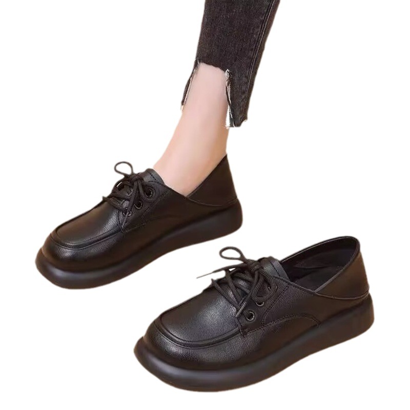 Zapatos de cuero para mujer para el trabajo, primavera 2024, con cordones, suela blanda, estilo británico, mocasines de trabajo de doble uso para ir al trabajo