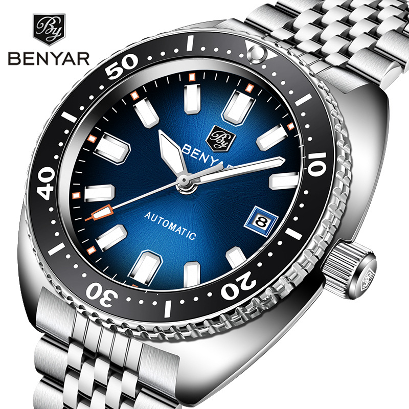 BENYAR Binya Reloj mecánico automático para hombre Reloj de calendario luminoso de moda impermeable Fondo transparente mecánico 5211M