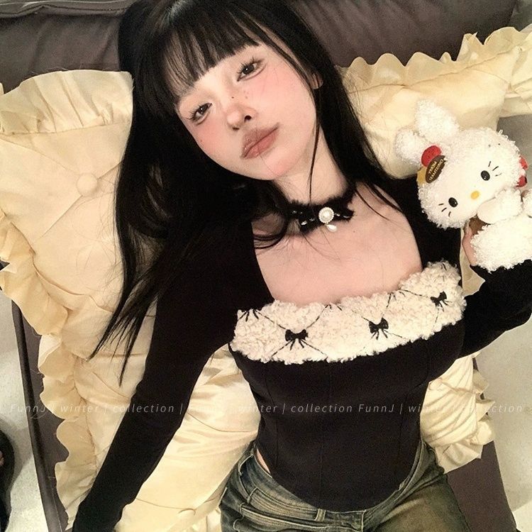 [De Rong] Slimming Design Sense Niche Spice Girls Slimming Base Shirt Women's Retro Inner Top