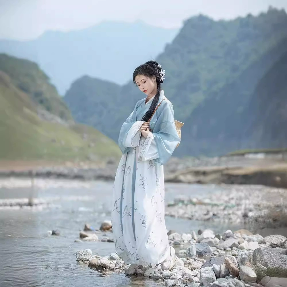 Оригинальный женский ханьфу 2025 года, новый стиль [Утренний бриз], блузка-топ в китайском стиле с эффектом акварельной живописи, с перекрестным воротником, длиной до талии, с юбкой из восьми частей для повседневной носки