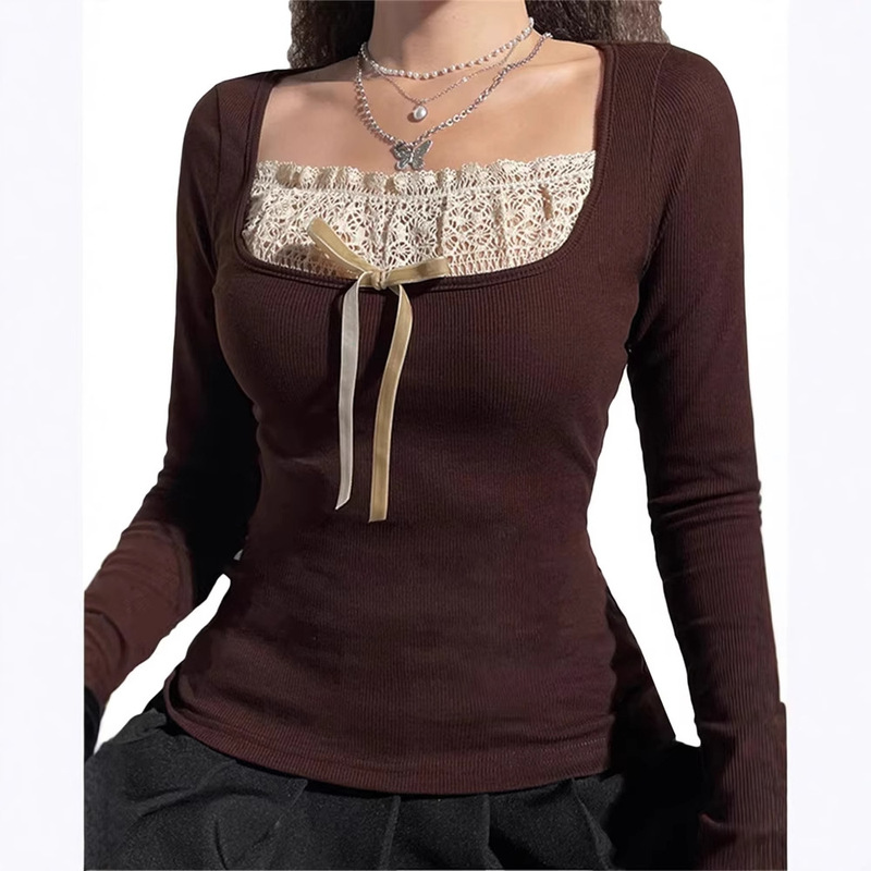 Y2k Long-sleeved Knitted Top Women's Lace Stitching Neck Knitted T-shirt Bow Decoration All-match Pullover Cross-border