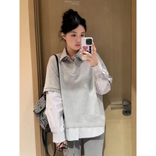 美式小众条纹拼接假两件卫衣男女秋季设计感学院风宽松休闲POLO衫