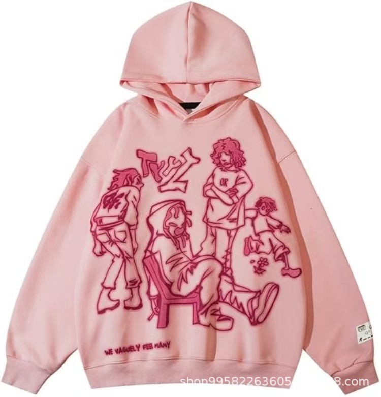 ラインキャラクタープリントフード付きスウェットシャツボーイズハイストリートファッションブランドデザインニッチルーズ秋冬プルオーバーパーカー|undefined
