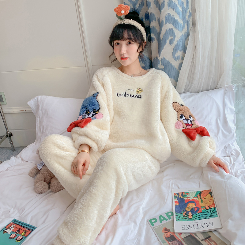 Coral Fleece Pajamas Women's Autumn and Winter Fleece-lined Thickened Warm and Comfortable Outfit Women's Flannel Home Suit