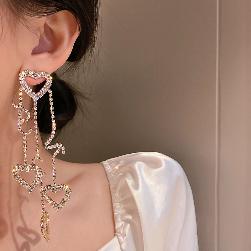 925 Silver Needle Exaggerated And Personalized Rhinestone-encrusted Love Long Tassel Earrings European And American Ins Fashion High Class Elegant Earrings display picture 6