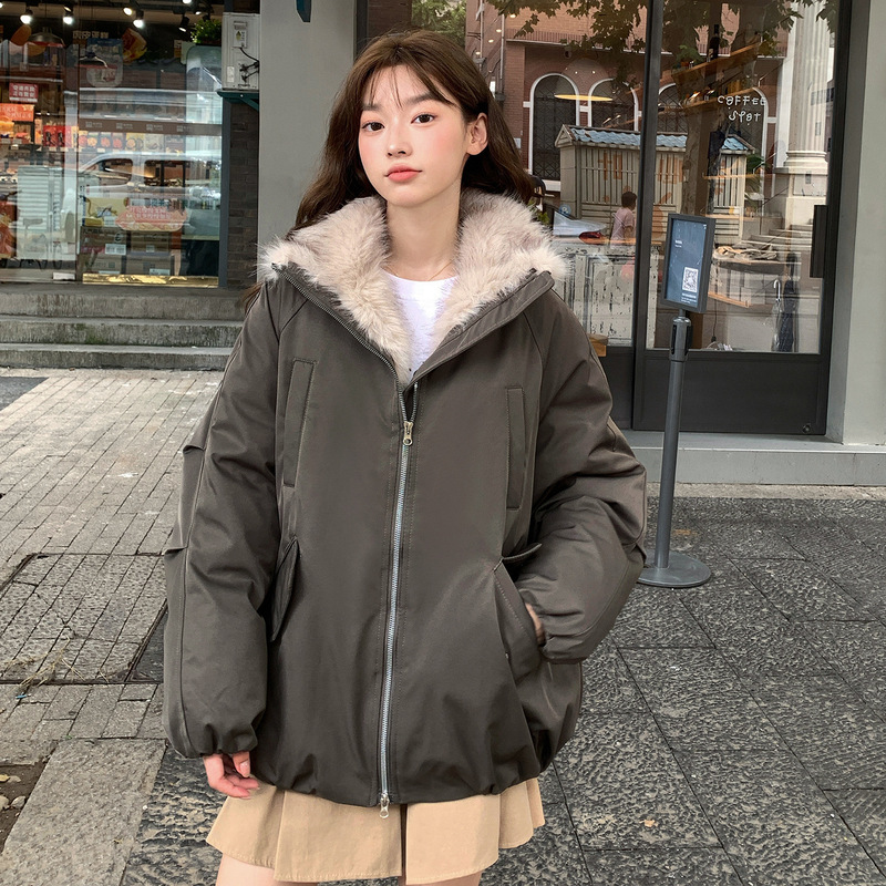 国潮座山毛绒连帽毛领棉服2025冬季设计感加厚时尚棉衣派克服外套|undefined