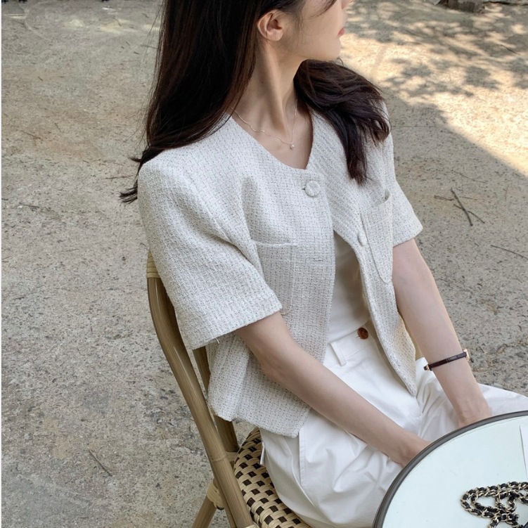 South Korea Chic Elegant Chanel Tweed Round Neck All-match Single-breasted Short-sleeved Cardigan Women's Coat