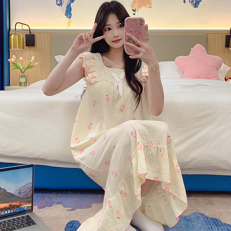 2024 verano vestido de pajama de mujer vestido largo suelto arco dulce dormitorio del campus se puede usar vestido de pijama rojo