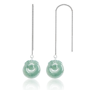 Natural Jade A Goods Blue Water Double Dragon Play Beads Ear Line S925 Silver Set Ice Jade Stone Women's High-end Earrings Earrings