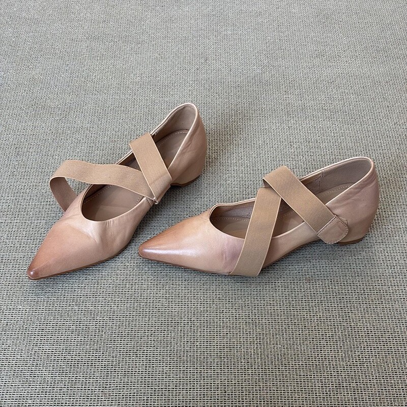 In-Stock Pointed-Toe Shallow Mary Jane Shoes with Cross Straps, Elegant French Style, Height-Increasing for Petite Women (Excluding Tax)