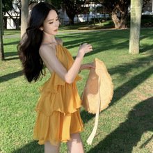 日落度假浪漫连衣裙多层荷叶亮丝短裙小礼服裙