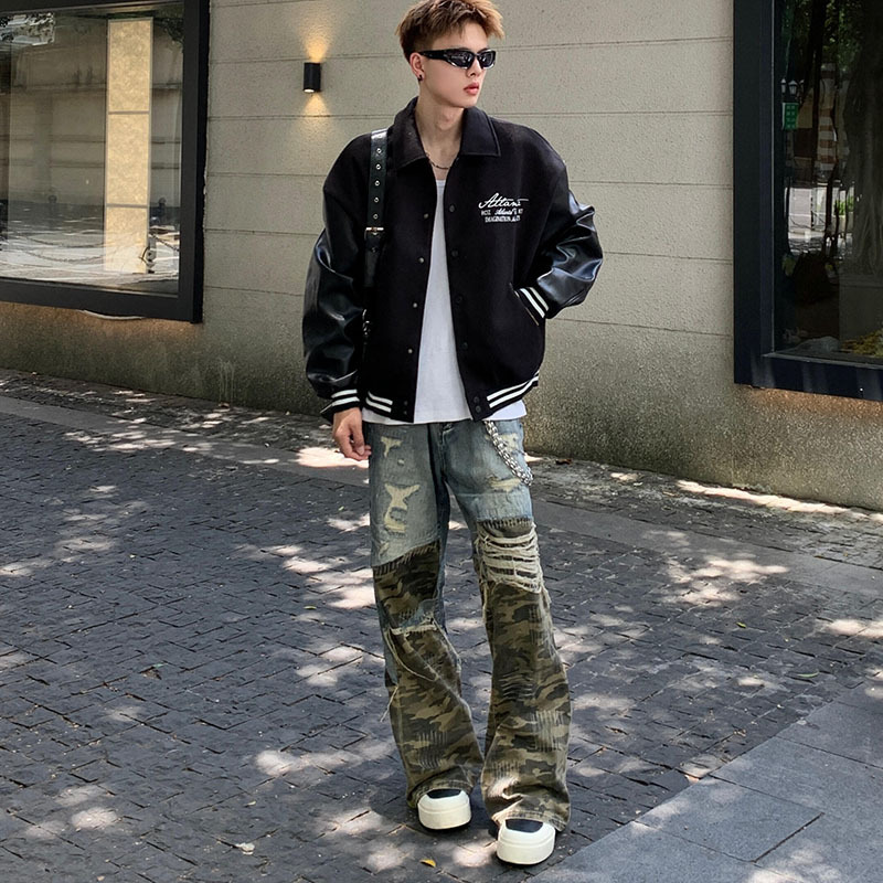 Junge Europäischen Und Amerikanischen Stil Pad Tuch Camouflage Patchwork Zerrissene Jeans 2025 Neue Street Fashion Design Lose Gerade_voghion.com