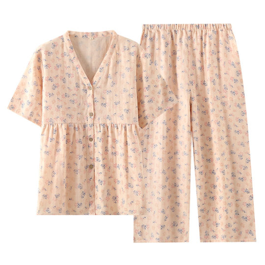 Women's Cotton Double-Layer Yarn Short-Sleeved Capri Pants Home Wear Thin Summer Simple Casual Wide-Leg Pants Pajamas suit