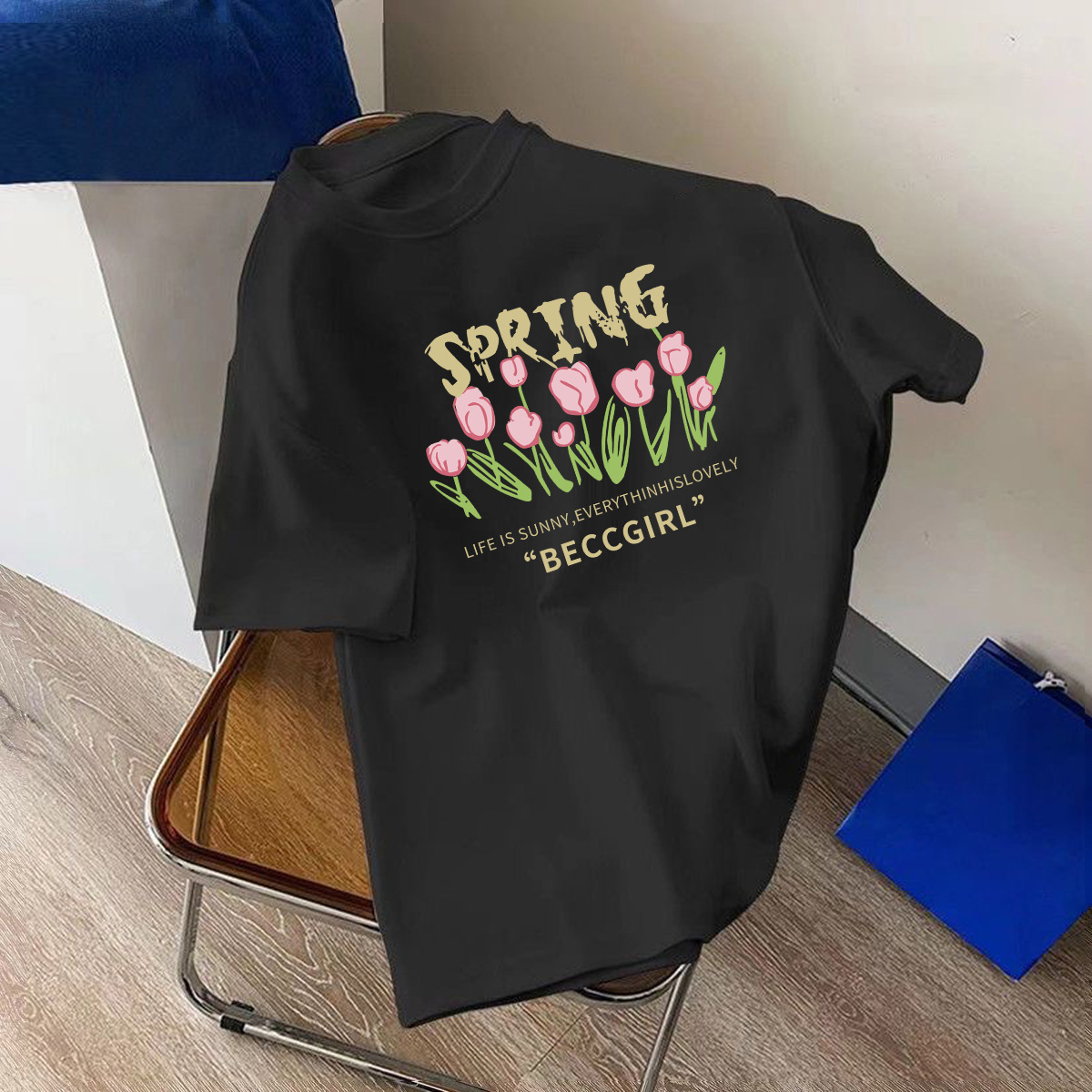 Camiseta estampada de seda de hielo Estilo coreano Estilo occidental Camiseta adelgazante Camiseta de manga corta Hombres y mujeres mismo estilo pareja desgaste todo partido moda casual