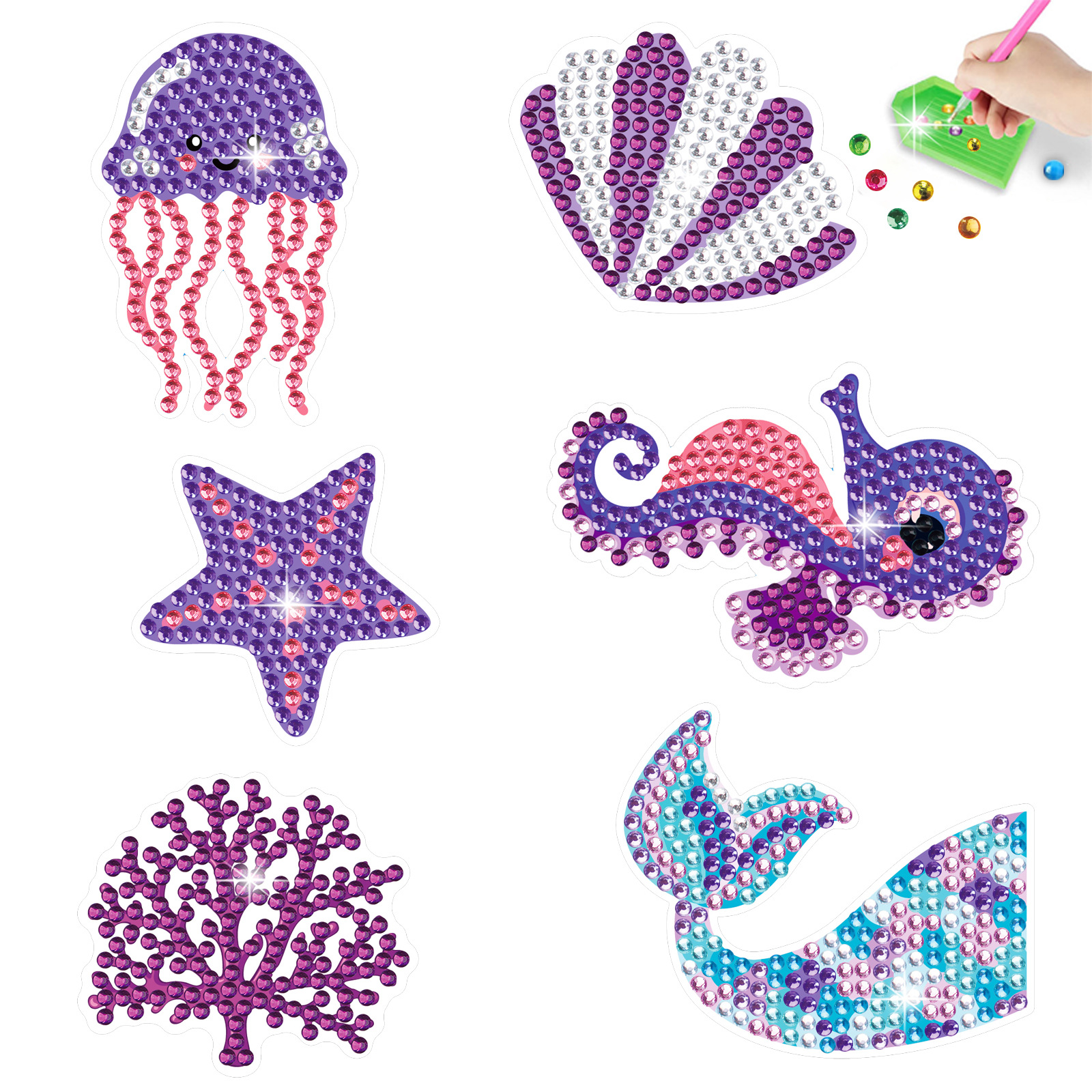 Seahorse medusas Vida Marina diamante pintura libre pegatinas DIY pegatinas niños dibujos animados hechos a mano pegatinas cristal brillante diamante
